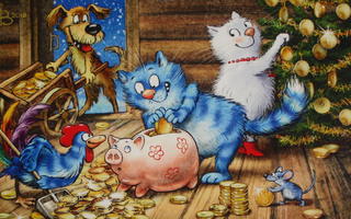 Irina Zeniuk sininen kissa laittaa kolikoita possuun