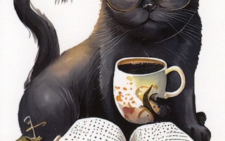 Musta kissa, kahvikuppi ja kirja