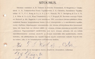ERITTÄIN HARVIN.TUPAKKATEHTAIDEN SITOUMUS SOPIMUS 1916 (AB2)