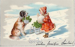 Vanha joulukortti-lapsi ja koira