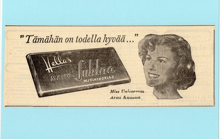 Hellas suklaa ja Armi Kuusela -1952 lehtimainos A5 laminoitu