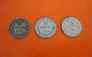 3 kpl 25p 1901, 1909 & 1915 - hopeaa