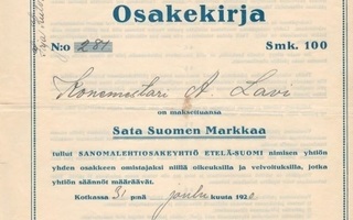 1920 Sanomalehti Oy Etelä-Suomen, Kotka osakekirja