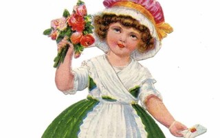 WANHA / Vihreämekkoinen tyttö, röyhelömyssy, ruusut. 1900-l.