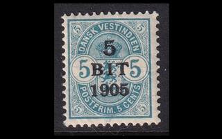 Tanskan Länsi-Intia 39 ** 5 BIT 1905 / 5 cents päällepain