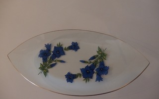 Kaunis vanha lasilautanen. Siniset kukat, kultareunus