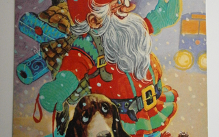 Vanha Joulukortti tonttu ja koira