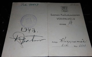 Suomen Puolustusvoimien Verpalvelukortti 1943 PK900/10
