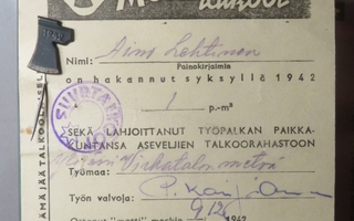 MOTTITALKOOT SUORITUSKORTTI + MERKKI v. 1942