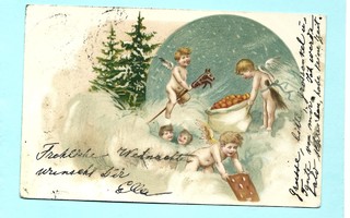 Vanha kortti: Puuhakkaat pienet enkelit pilvissä