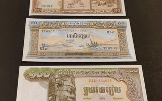 Cambodia 20, 50, 100 Riels 1955-56, P5-P7-P8, UNC