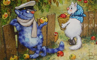 Irina Zeniuk kissat omenoiden keruussa