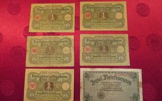 Saksa seteleitä 6 kpl 1 Reichs Mark 1920.2 Reichs Mark.