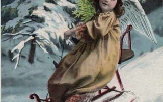 ENKELI / Suloinen pikku enkeli ja kuusi kelkassa. 1900-l.