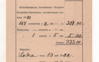 Verolippu N:o 30  1921, Suomen Krei.katolinen srk savonlinna