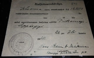 Kuljetusmääräys Piitsainoja-Leppäsyrjä 1941 PK900/18