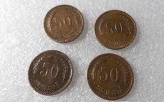50  penniä    kuparia  4  kpl  1940-43,  kulkemattomat,