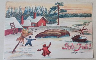 Hedvig Rosendahl: Lapset lumisotasilla pihassa, p. 1918