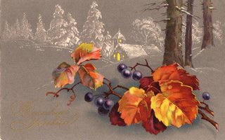 Vanha joulukortti-värikkäät lehdet ja maisema