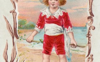 Vanha postikortti- lapsi rannalla