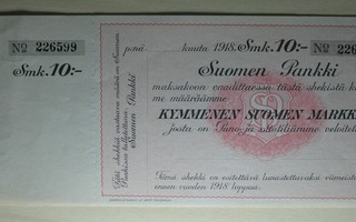 Suomen Pankki 10 markkaa shekki 1918 No: 226599