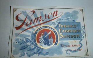 Vanha tupakkaetiketti Samson Tobaksfabriken Tavastehus