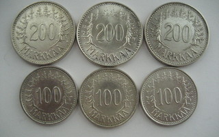100 JA 200 MARKKAA 1956 - 1958  6 KPL