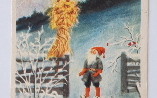 Jenny Nyström pieni joulukortti, tonttu ja lyhde, v. 1946