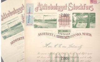 OKK osakekirja Aktiebolaget Stockfors 1903 ja 1920 Loviisa