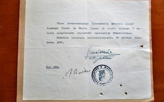 1939 VR Mikkeli passitustodistus Kivennapa-Hämeenlinna