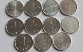 1 penni vuodet 1969 - 1979, yhteensä 11 kpl, UNC