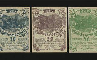 Itävalta Notgeld 10, 20, 50 Heller, St. Georgen 1920