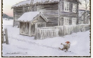Kjell Midthun: Tonttu hiihtää, talo (pieni taittokortti)