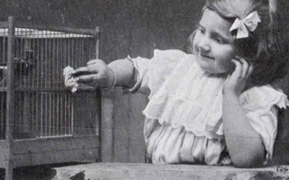 LAPSI / Röyhelömekkoinen pieni tyttö ja häkkilintu. 1900-l.