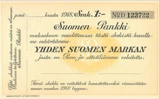 Suomen Pankki 1 Markka 1918 Shekki UNC