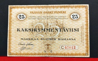 Vaasan Osake-pankki, 25 markkaa 1918, kunto 3-4.  (KD13)
