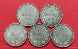 5 kpl 1 mk markka 1915, kunto hyvä, vähän likaa. (KD41)