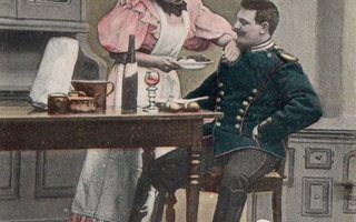 Vanha postikortti- nainen ja sotilas