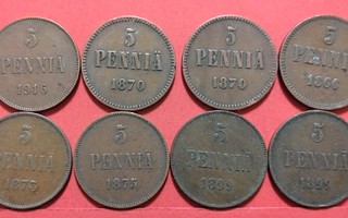 8 x 10 penniä: 1866, 1870, 1870, 1873, 1875 .......... (KD5)