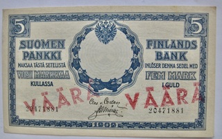 5 mk 1909 Punaisten Väärä Raha PAKKASILEÄ