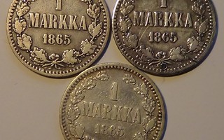 1865 1 markka hopeaa 5kpl kuntoluokat 1/1?-1+ (3-6)