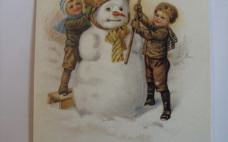 Lapset tekevät lumiukkoa (näköispainos 1900 luvun alussa)
