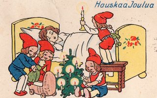 Vanha joulukortti-nukkuva lapsi ja tontut, pikkukortti
