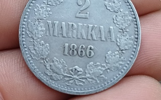 2 Markkaa 1866 hopeaa.