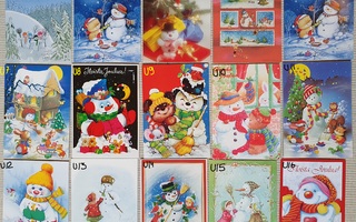 Lumiukko aiheisia joulukortteja