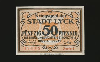 Saksa Notgeld 50 Pfennig, Lyck 31.3.1918 Serie 1