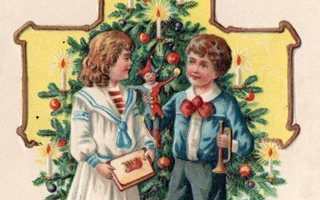 Vanha joulukortti-lapset ja joulupuu, koho