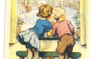 Lapset ikkunan ääressä - vanha kortti