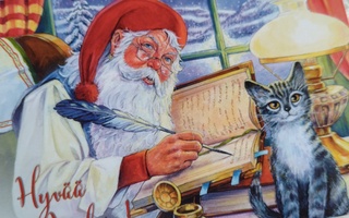 Joulupukki ja kissa joulukortti