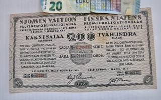 VANHA Suomen Valtion Palkinto Obligatio 200 mk 1935